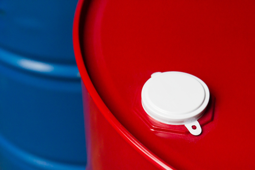 close-up view of red and blue shipping drum