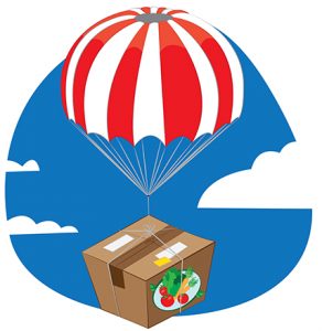 Cartoon-box-of-veggies-being-dropped-via-parachute
