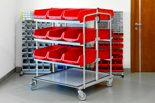 Red-AkroBins-on-4-tier-metal-shelving-system