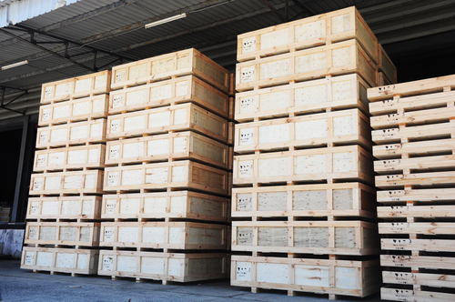 Cargo in wooden case at warehouse
