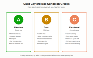 Visual comparison of gaylord box condition grades A, B, and C showing like-new, good multi-use, and functional cosmetic wear tiers