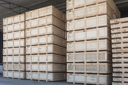 wooden cargo cases in warehouse