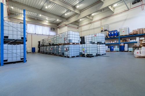 Warehouse with chemicals in IBC containers