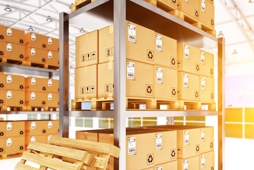 warehouse storage racks with cardboard boxes