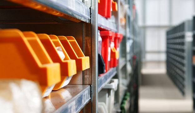 storage bins and racks in warehouse
