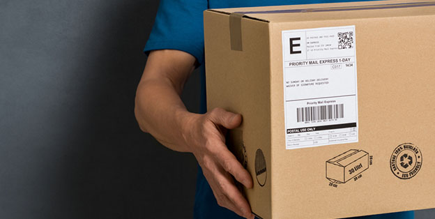 delivery man holding shipping box