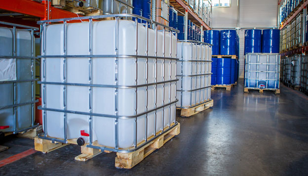 durable plastic bulk containers in a warehouse