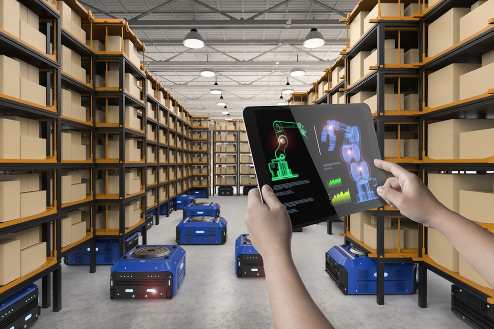 warehouse with robots on floor