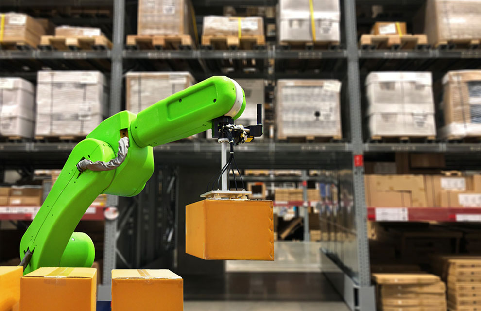 Industrial robot holding a box