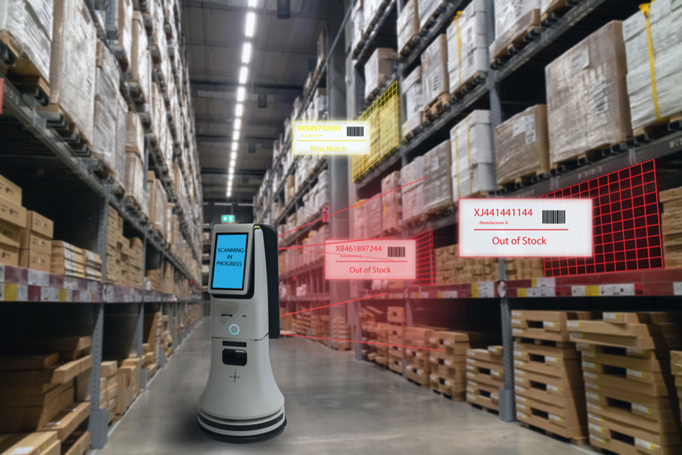 a robotic warehouse worker in an aisle
