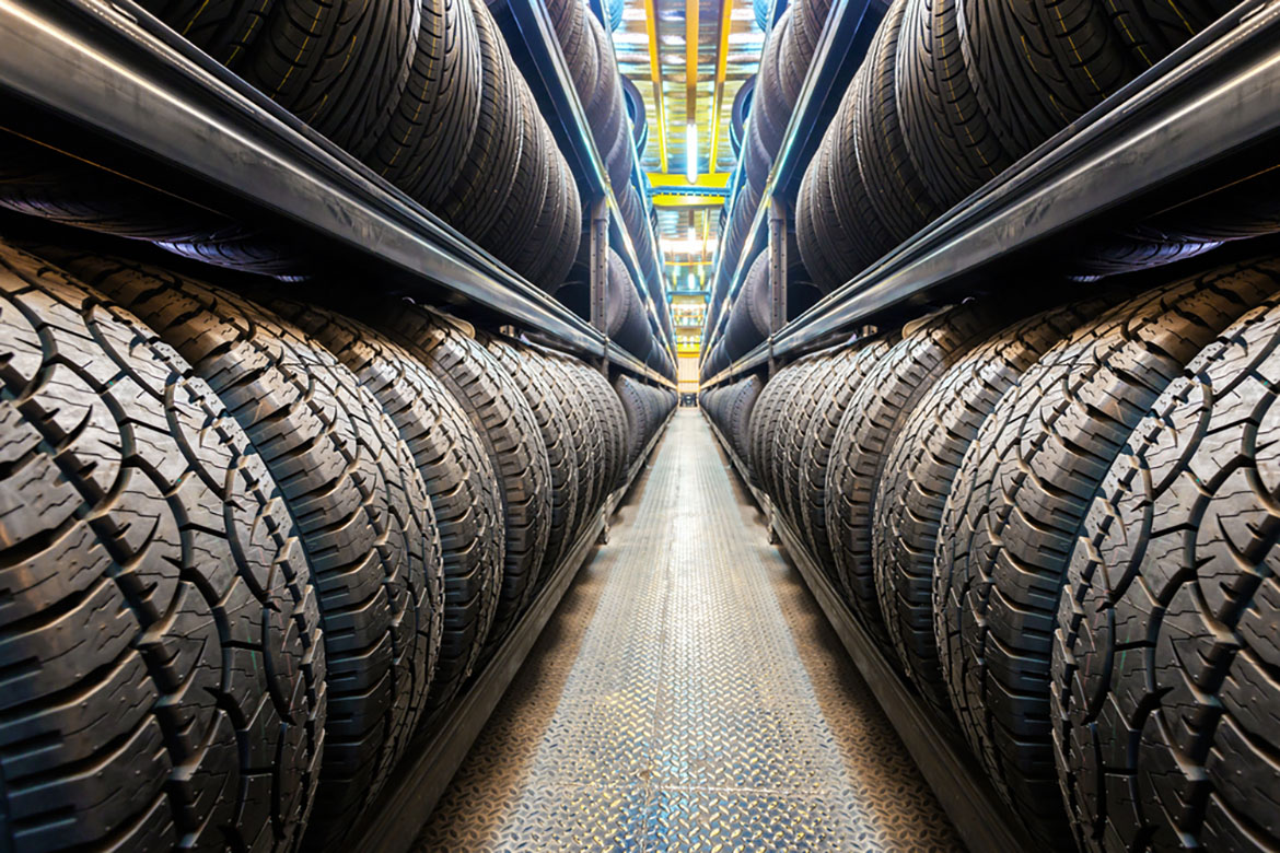 Car tires in a warehouse