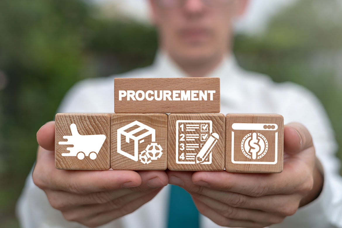 Man arranging wooden blocks with supply chain and retail logistics icons. Procurement Management Industry concept.