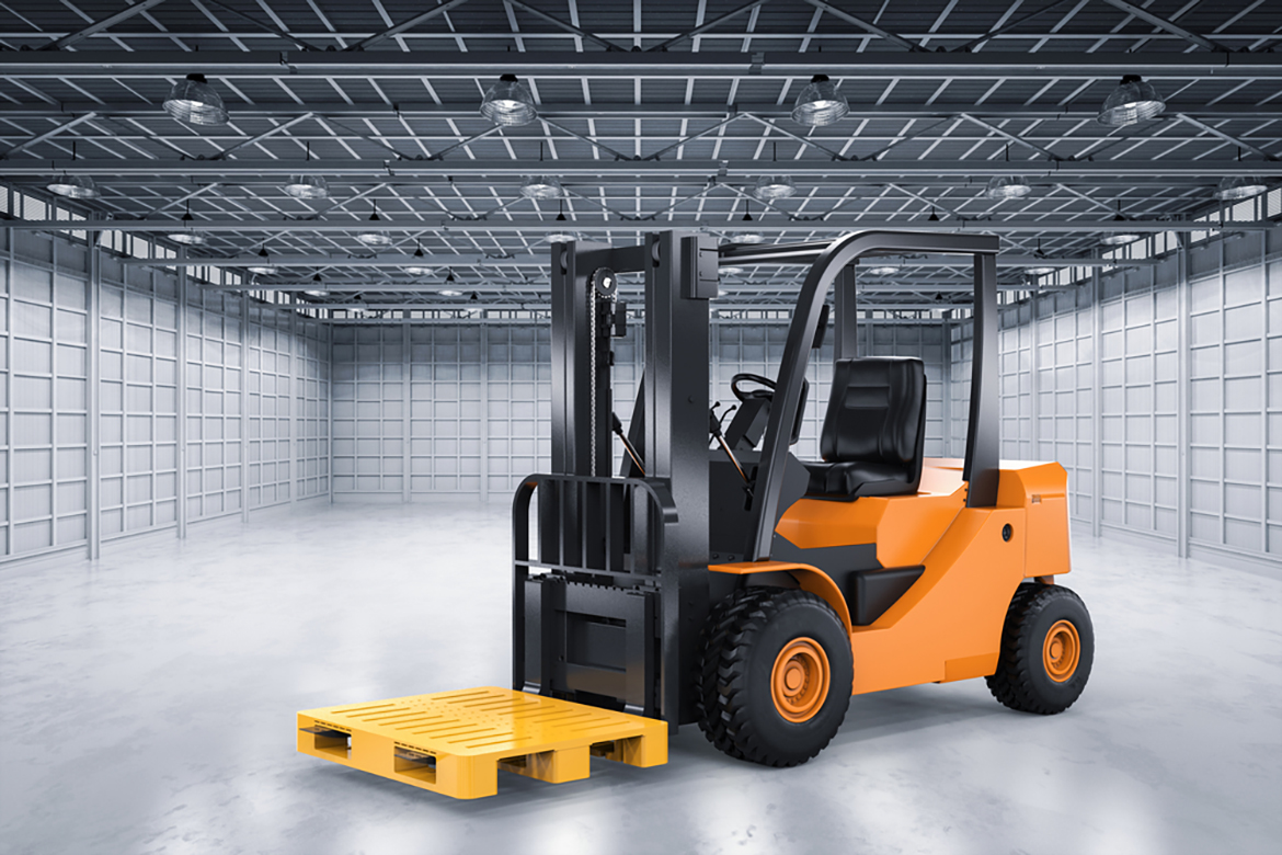 a forklift in an empty warehouse with a yellow plastic pallet