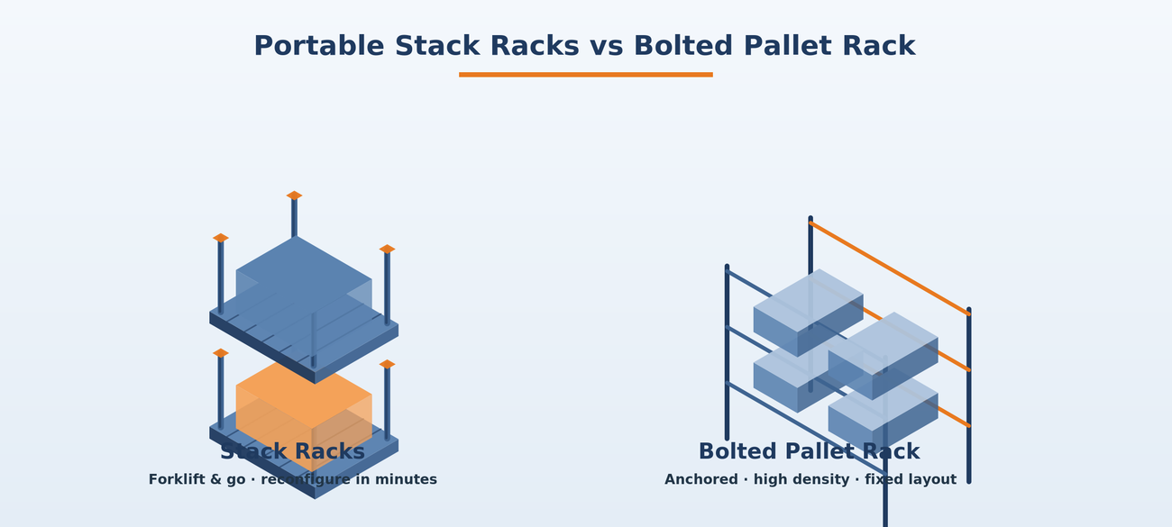 Portable stack racks reconfigure in minutes; bolted pallet rack wins on fixed, high-density storage.